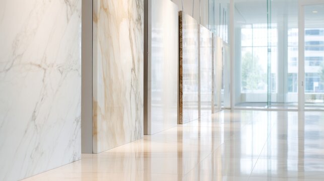 Polished marble wall panels and reflective floor in modern showroom corridor for interior design samples and architectural background use