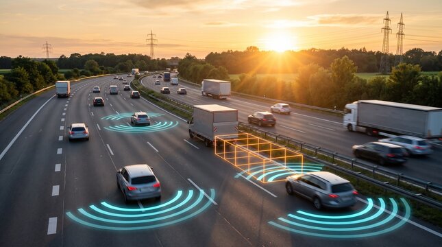 A high angle sunset view of highway traffic with self driving vehicles using sensor arrays and digital proximity scanning for safe travel