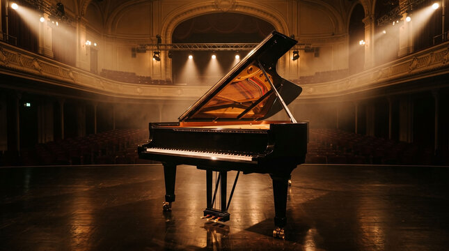 Grand piano stands center stage under warm spotlights in a concert hall