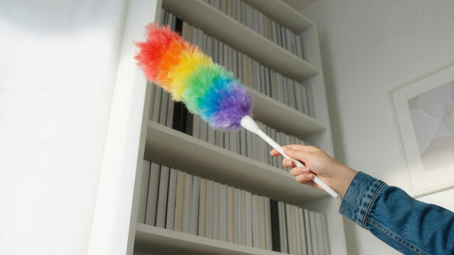 Hand dusting white bookshelf with rainbow feather duster in modern home, home organization and spring cleaning