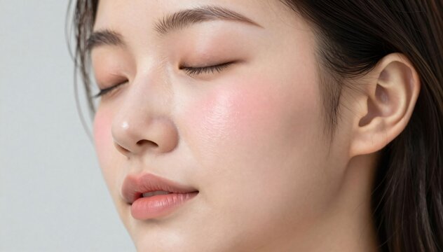 Young woman with fresh natural glowing skin and pink blush applied on cheeks looking peaceful close.