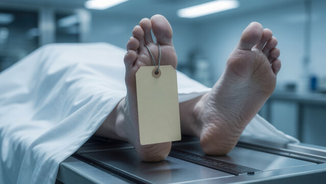 Human feet with identification tag in morgue, forensic investigation and medical examination