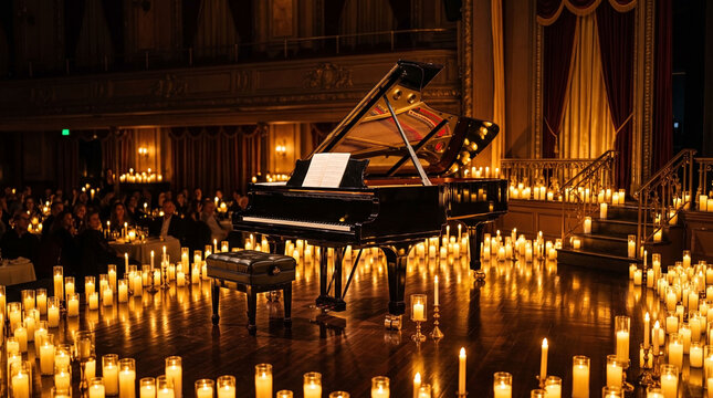 Elegant grand piano on a stage surrounded by warm candlelight