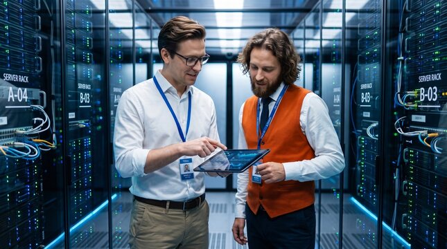 Two IT professionals examining server rack technology data center glowing lights network equipment collaboration.