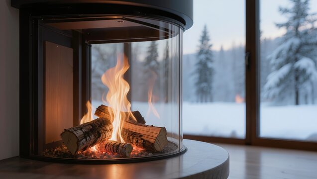A modern glass-enclosed wood burning stove and fireplace heating a home during winter, with a view of a snowy forest through a large window