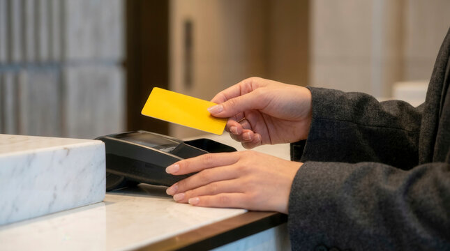 Female hands processing credit card payment for purchase at counter terminal, financial transaction and cashless commerce