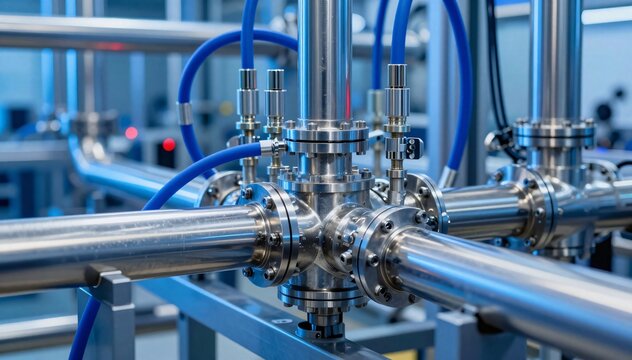 Complex network of stainless steel pipes and valves for industrial fluid transfer in chemical plant.