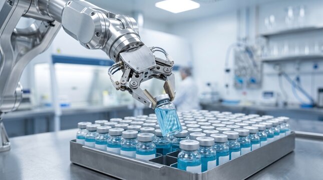 Industrial robotic arm picking up vial of blue medicine in automated sterile laboratory environment.