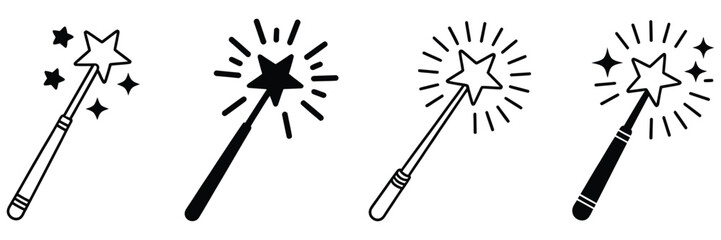 Magic wand icons featuring star symbols for magic miracle wizard tools creative effects applications websites and digital interfaces, vector design. ©                     