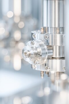 Precision stainless metal machinery close up with bokeh lights for industrial equipment concept and technical background design