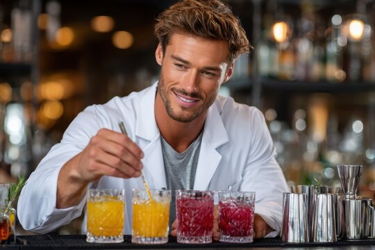 Bartender prepares colorful cocktails in a stylish bar setting during evening hours