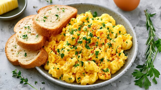 Freshly baked bread with creamy scrambled eggs and herbs on white plate