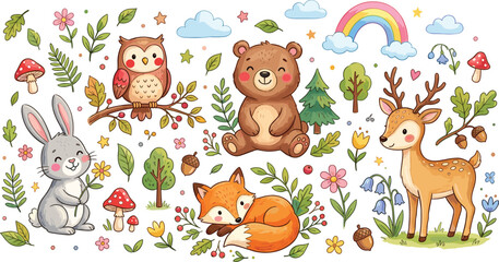 Naklejka premium Whimsical Baby Forest Wildlife Clipart Collection with Bunny Perched Owl Happy Bear Sleeping Fox Spotted Deer Rainbow Trees and Floral Elements