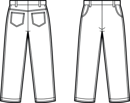 Technical fashion illustration of classic straight leg jeans front and back views