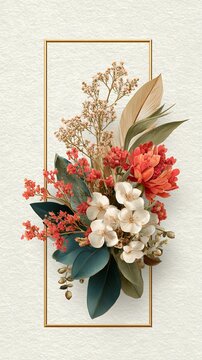 Soft beige and terracotta flowers bloom with dried grasses and green leaves.