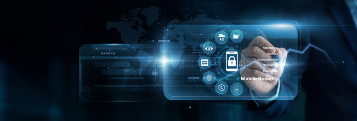 Security analyst using touch pen on a Mobile Security virtual screen to map out device threats. This highly secure digital interface ensures strict control over global enterprise networks. © FutureLogic Studio