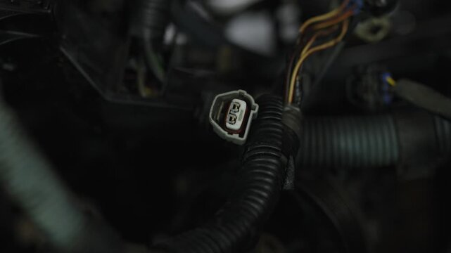 White plastic wire harness connector plug hidden inside engine bay.