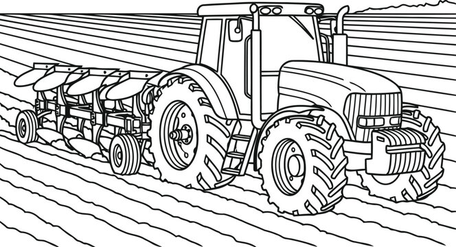 Vintage tractor plowing field illustration