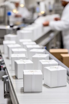 Assembly line conveyor with white gift boxes and ribbon packaging for production and logistics design background and e commerce poster