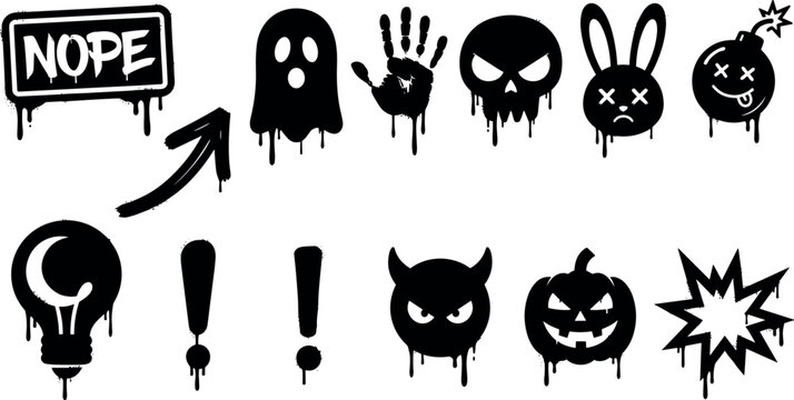 Black graffiti Halloween icon set with paint drips ghost skull handprint rabbit bomb devil pumpkin and nope sign vector elements