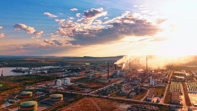 Industrial factory plant with storage tanks near a port at sunset.. Green fuel tanks stand near manufacturing structures while smoke emits into a bright orange sky.