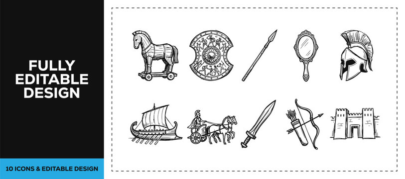 Black ink scribble hand drawn trojan horse and greek war icon set bundle featuring doodle sketch vector illustrations for history and professional storytelling branding design art.