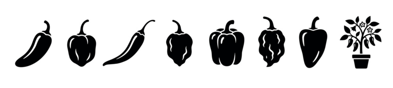 Chili peppers, different varieties, and a potted plant icon set in black silhouette, perfect for culinary, spice, and food-related designs.