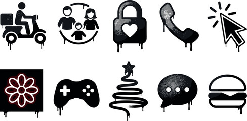 Black graffiti business and lifestyle icon set with paint drips delivery scooter padlock joystick gamepad message bubble and burger vector © Rashidul