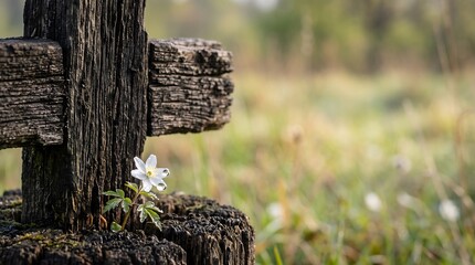 Fototapeta premium Small White Flower Growing at the Base of an Old Wooden Cross