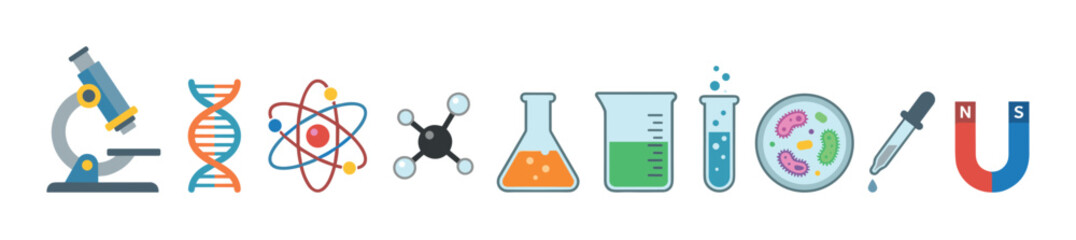 Fototapeta na wymiar Science laboratory equipment and research tools are neatly arranged in a colorful flat vector illustration representing various scientific disciplines.