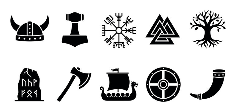 Viking symbols and Norse mythology icons collection featuring ancient Scandinavian cultural elements and traditional artifacts in a black silhouette style.