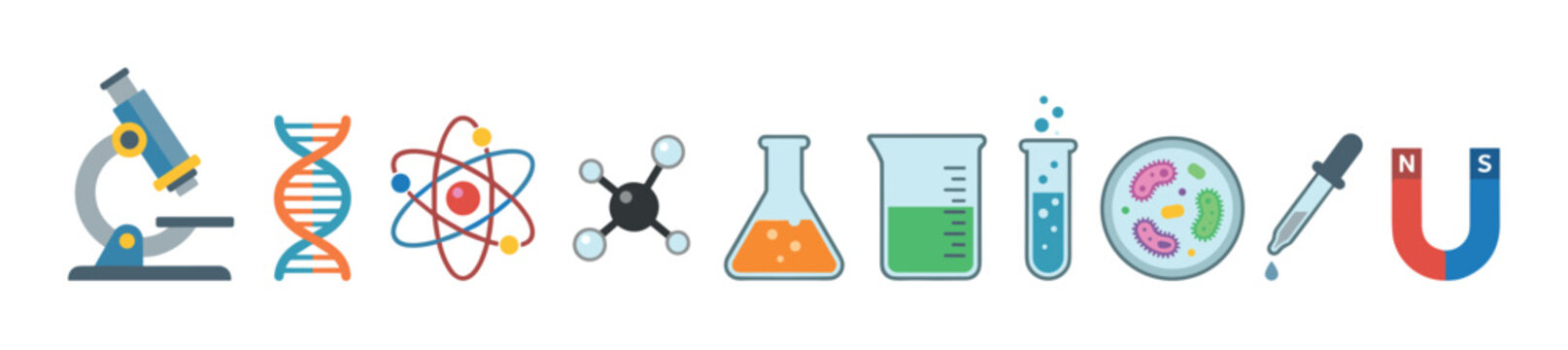 Science laboratory equipment and research tools are neatly arranged in a colorful flat vector illustration representing various scientific disciplines.