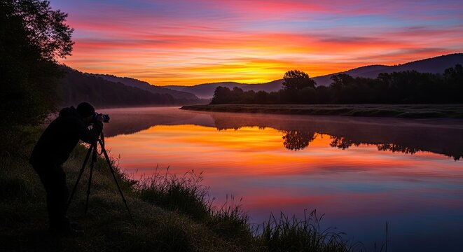 A photographer capturing a stunning sunset over a tranquil lake with a mountain range in the background.