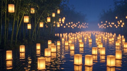 Fototapeta premium Floating lanterns illuminate a tranquil river surrounded by bamboo, creating a serene nighttime scene with reflections on the water surface