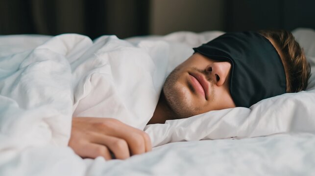 A man's hand gently resting on a soft white blanket while wearing a comfortable sleep mask
