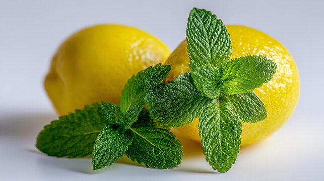 Fresh lemon and mint leaves on clean white background. Bright yellow fruit cut in half, revealing juicy interior