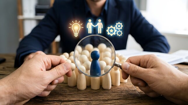 Business leader organizing colorful employee figures for workforce management and teamwork strategy