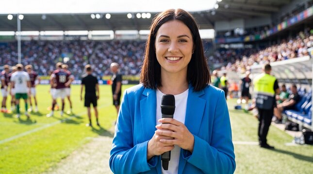 Female sports reporter stands on the field with a microphone, bright stadium atmosphere and spectators visible in the background during a rugby match