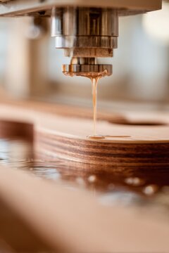 Woodworking glue drip from precision machine on acoustic guitar body for luthier workshop tutorial and craft product detail background