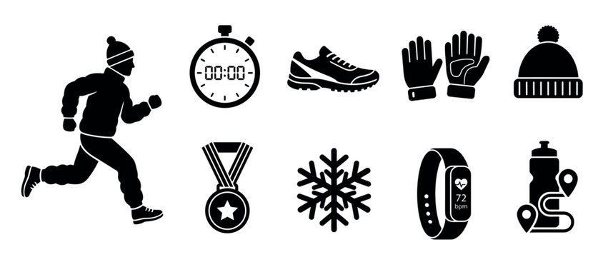 Winter running sports equipment icons set illustrates various essential gear and tracking devices for cold weather outdoor fitness activities.