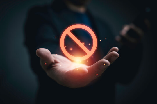 Prohibit restrictions and stop concept with a glowing prohibition symbol representing forbidden actions, blocked access, compliance, safety rules, security policy and regulatory control in business.