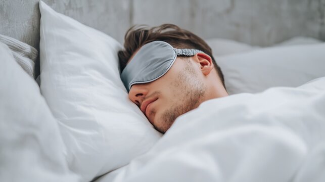 A man resting comfortably with an eye mask on a soft white pillow in a warm and inviting bedroom atmosphere