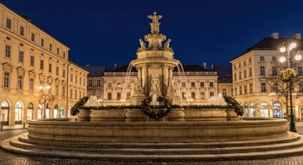 Obraz premium Evening view of a classical fountain in a European town square with illuminated buildings