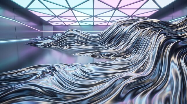 Abstract digital art with flowing silver lines under a geometric structure and colorful lights.