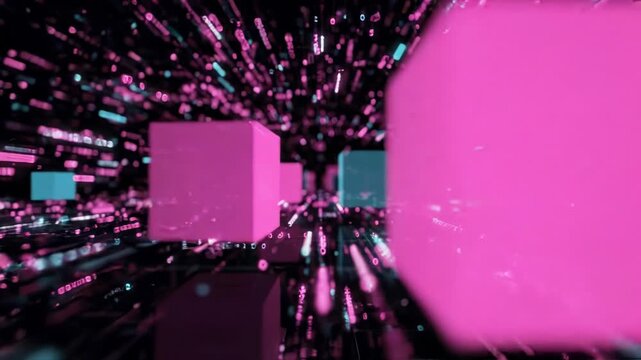 Abstract digital technology background with glowing pink and blue cubes and data particles