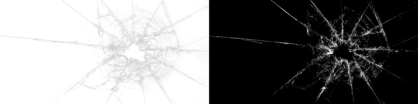 Fractured windscreen glass with bullet impact and damage