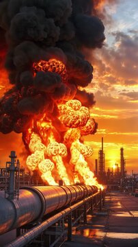 Massive fire and thick black smoke erupting from industrial pipeline at sunset. Concept of environmental disaster and energy infrastructure failure. Vertical video with slight camera tilt.