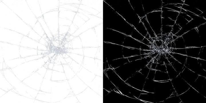Broken cracked glass window texture with impact and hole