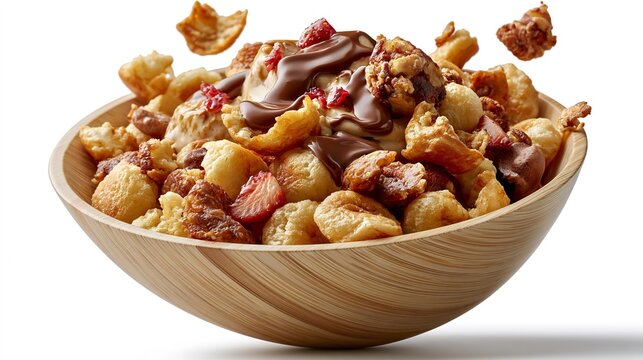 Wooden bowl holds crispy cereal with chocolate drizzle.