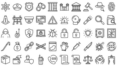 Fototapeta premium Crime investigation and police line icons set including sheriff badge, handcuffs, prison jail, cctv security, hacker, evidence bag, and justice scale vector elements.